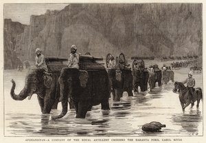 Afghanistan, een Compagnie van de Koninklijke Artillerie die de Daranta Voorde, Cabul Rivier oversteekt